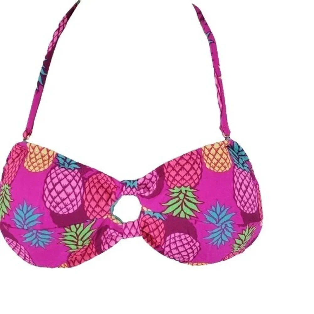 California Waves pink pineapple bandeau bikini women's size small